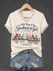 Women's I Will Sing Of The Goodness Of God Psalm 89:1 Christian Bird Print Casual V-Neck Tee