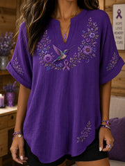 Women's Purple Floral & Hummingbird Print Alzheimer's Awareness Support V-Neck Shirt