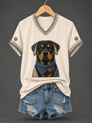 Women's Retro Patchwork Dog Print V-Neck Tee