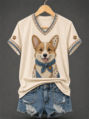 Women's Retro Patchwork Dog Print V-Neck Tee