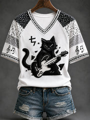 Women's Fun Black Cat Casual Print T-shirt
