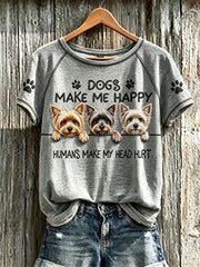 Women's Dogs Make Me Happy Humans Make My Head Hurt Peeking Yorkshire Terriers Print T-shirt