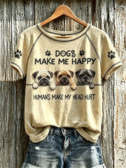 Women's Dogs Make Me Happy Humans Make My Head Hurt Peeking Pugs Print T-shirt
