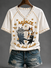 Women's Cat V-neck Off-shoulder Short-sleeved T-shirt