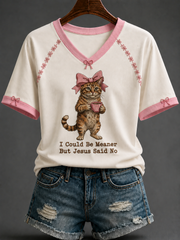 Women's Cat V-neck Off-shoulder Short-sleeved T-shirt