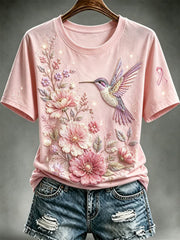 Women's Pink Ribbon & Floral Hummingbird Print Breast Cancer Awareness Support Short Sleeve T-Shirt