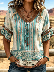 Women's Western Style Flower Pattern Printed Cotton-Linen Shirt