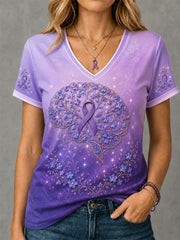 Women's Purple Floral & Brain Print Alzheimer's Awareness Support V-Neck Tee