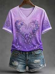 Women's Purple Floral Print Alzheimer's Awareness Support V-Neck Tee