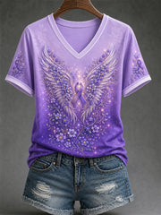 Women's Purple Floral Print Alzheimer's Awareness Support V-Neck Tee
