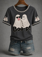 Women's Fall Season Halloween Ghost Boo-p! Print Casual Tee