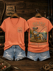 Women's Funny Old Gals Fishing Club Lifetime Member Print Casual V-Neck Tee