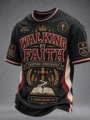 Men's Christian Walking By Faith, Tripping Constantly Cross O-neck Short Sleeve T-shirt