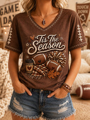 Women's Football Gameday Touchdown Season Print Gift For Football Fans Casual V-Neck Tee