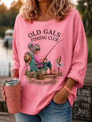 Women's Funny Old Gals Fishing Club Lifetime Member Print Casual Long-Sleeve Top