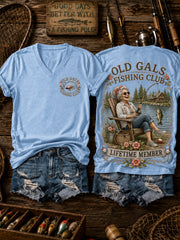 Women's Funny Old Gals Fishing Club Lifetime Member Print Casual V-Neck Tee