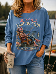 Women's Funny Old Gals Fishing Club Lifetime Member Print Casual Long-Sleeve Top