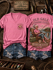 Women's Funny Old Gals Fishing Club Lifetime Member Print Casual V-Neck Tee