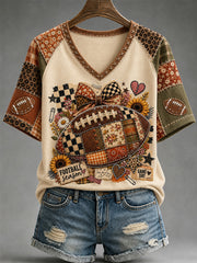 Women's Fall Means Football Print Casual V-Neck Tee