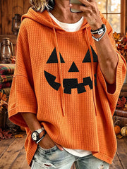 Women’s Fall Halloween Pumpkin Face Short-Sleeve Hoodie