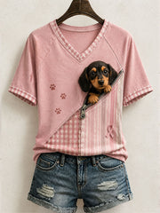 Women's Cute Dachshund Pattern Patchwork Art T-Shirt