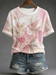 Women's Breast Cancer Prevention and Awareness Floral Print Casual T-shirt