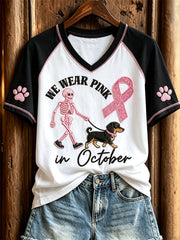 Women's We Wear Pink in October Dachshund Dog Walk Breast Cancer Ribbon Print short-sleeved T-shirt