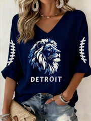 Women's Rugby Fan Lions Printed Mid-length Sleeves V-Neck T-Shirt