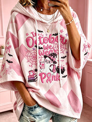 Women's Breast Cancer Theme Halloween Elements Pattern Printed Casual Hoodie
