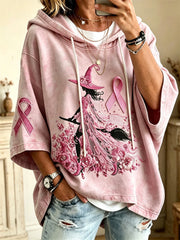 Women's Halloween Pink Witch Floral Pink Ribbon Print Mid Sleeve Oversize Hoodie