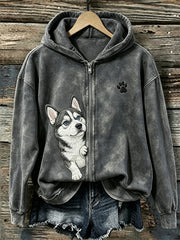 Women's Peeking Husky Dog & Paw Print Full Zip Cozy Hoodie