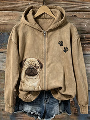 Women's Funny Helpless Pug Dog & Paw Print Full Zip Cozy Hoodie
