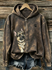 Women's Peeking German Shepherd Dog & Paw Print Full Zip Cozy Hoodie