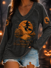 Women's Funny Halloween Witch Why Yes,Actually I Can Drive A Stick Print Casual V-Neck Tops