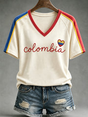 Women's Colombia Strong Print Casual V-Neck Tee