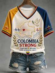 Women's Colombia Strong Print Casual V-Neck Tee