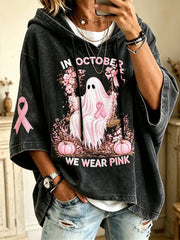 Women’s In October We Wear Pink Halloween Ghost & Pink Ribbon Print Mid Sleeve Oversize Hoodie