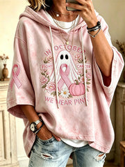 Women’s In October We Wear Pink Fight Cancer Ghost & Pink Ribbon Print Mid Sleeve Oversize Hoodie