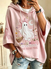 Women’s In October We Wear Pink Halloween Ghost & Pink Ribbon Print Mid Sleeve Oversize Hoodie