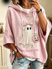 Women’s In October We Wear Pink Halloween Ghost & Pink Ribbon Print Mid Sleeve Oversize Hoodie