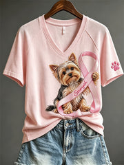 Women's Strength Pink Ribbon Yorkshire Dog & Paw Print short-sleeved T-shirt