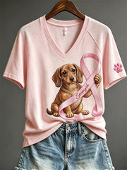 Women's Strength Pink Ribbon Dachshund Dog & Paw Print short-sleeved T-shirt