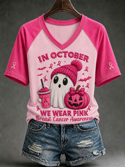 Women's Breast Cancer Prevention and Awareness Pink October V-neck Short Sleeve T-shirt