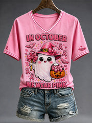 Women's Breast Cancer Prevention and Awareness Pink October V-neck Short Sleeve T-shirt