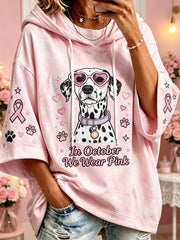 Women's Breast Cancer Theme Cute Dog Pattern Printed Casual Hoodie