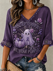 Women's In September We Wear Purple Mid-length Sleeves V-Neck T-Shirt