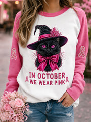 Women's In October We Wear Pink Halloween Black Cat Print Breast Cancer Awareness Support Sweatshirt