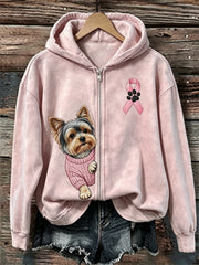 Women's Peeking Yorkshire Dog Pink Ribbon Breast Cancer Awareness Full Zip Hoodie