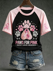Women's Breast Cancer Theme Cute Dog Paw Pattern Prints Casual Short Sleeve T-Shirt