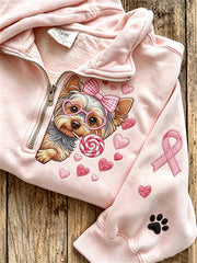 Women's Breast Cancer Themed Cute Dog Pattern Prints Casual Half-Zipper Sweatshirt